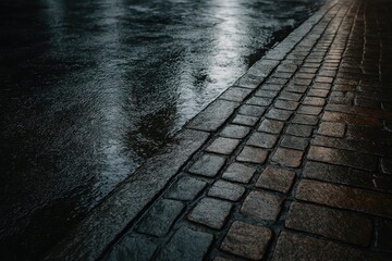 Obraz premium Wet cobblestone street with reflective water surface at night