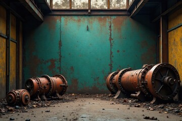 Gritty industrial backdrop, abandoned machinery, rust, metal, industrial