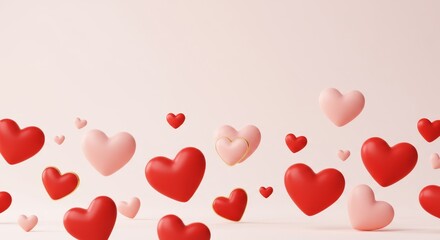 Floating Hearts Valentine's Day - Red and pink hearts float against a soft pink background, perfect for Valentine's Day or romantic designs