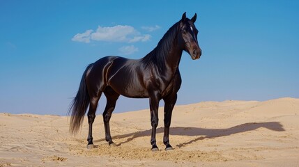 A striking image of a black stallion standing alone in an endless sandy desert.