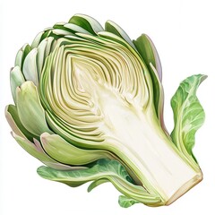 Close-up of a sliced artichoke heart.  The vibrant green leaves surround the pale, edible heart
