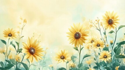 Vibrant Yellow Sunflowers Surrounded by Delicate Blossoms Against a Soft Pastel Sky Background