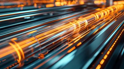 A futuristic design showcasing vibrant orange and blue light trails along sleek metallic pipes, suggesting speed and advanced technology.
