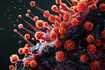 Fototapeta premium Artistic macro view of red cells encapsulating covid-19 virus particle