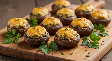 Gourmet Stuffed Mushrooms Appetizer Platter - Delectable cheesy stuffed mushrooms, a perfect appetizer. Symbolizes comfort food, culinary skill, party delight, festive gathering, and delicious flavors