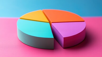 Obraz premium Colorful pie chart made of foam pieces on a bright pink and blue background displaying data representation concepts