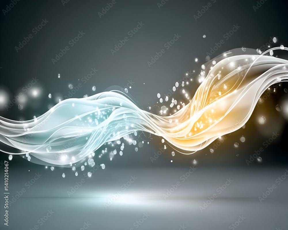 Poster abstract glowing wave with light particles on dark background
