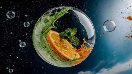 Orange and Mint Juice Suspended in a Transparent Orbit with an Abstract Cosmic Background