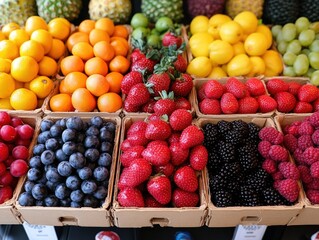 Assortment of colorful fresh fruits displayed in cardboard containers at a market.