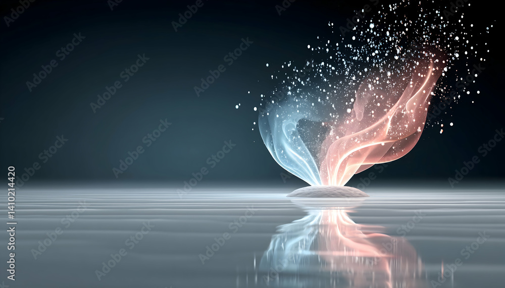 Poster abstract swirling light emanating from a base, reflecting on a calm surface