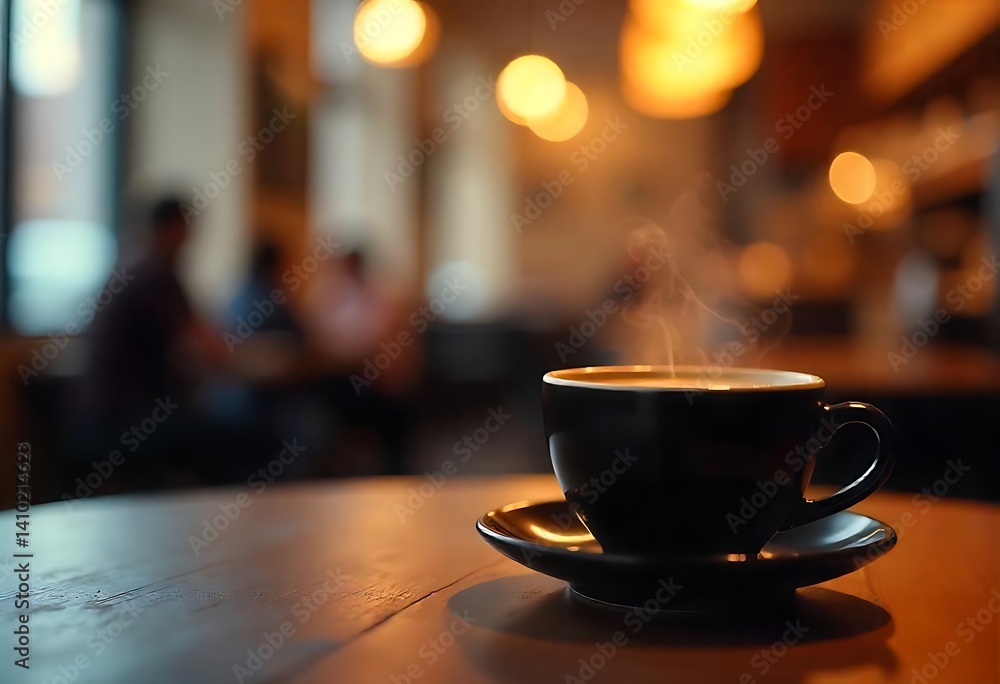 Poster generative ai image showcases a steaming cup of coffee in a cafe setting