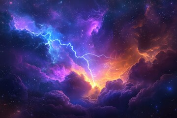 Cosmic storm vibrant purple, orange clouds, lightning