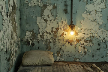 Decaying hospital room, illuminated by a single bulb.