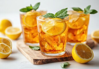 Refreshing Iced Tea with Lemon and Mint Garnish Served in Glasses on Wooden Board Surrounded by Fresh Lemons for Summer Vibes