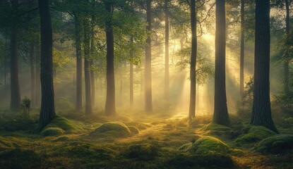 Fototapeta premium Sunlight streams through a misty forest. Sunlight filtering through a dense forest, illuminating moss-covered forest floor. Tranquil woodland scene