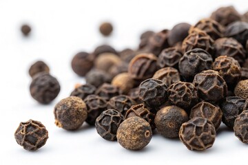 An eye-level close-up showcases a heap of aromatic black peppercorns on white surface.