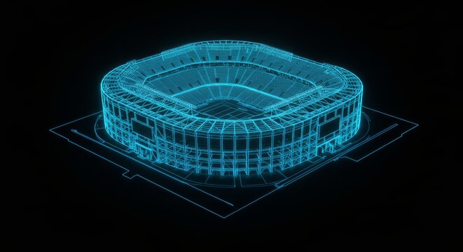 Holographic Blueprint Stadium Design - Futuristic stadium, neon blue, wireframe model, architectural design, sports venue. Symbolizes innovation, technology, future of sports, event planning