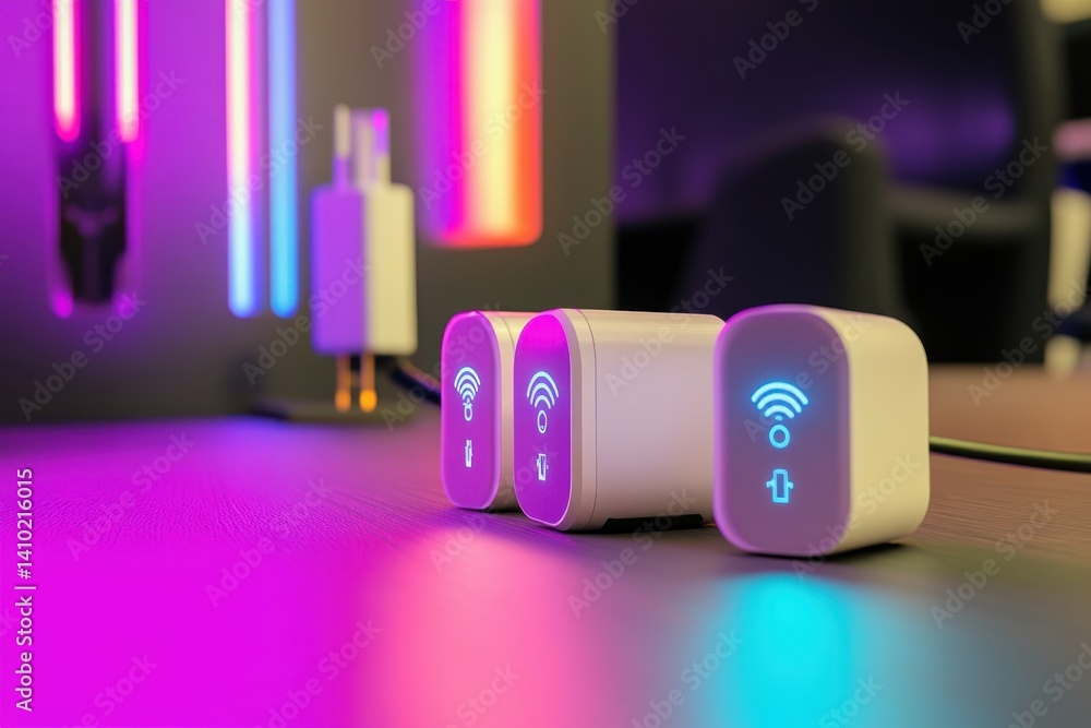 Poster modern smart devices on a desk with colorful ambient lighting in a tech-focused workspace