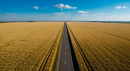 Fototapeta premium Aerial View of Long Straight Road Through Expansive Golden Fields