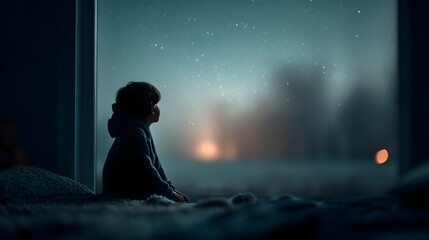 Obraz premium Silhouetted figure gazing out of a window at the night sky