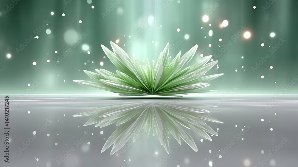 Poster glowing green abstract flower with reflection on a shiny surface