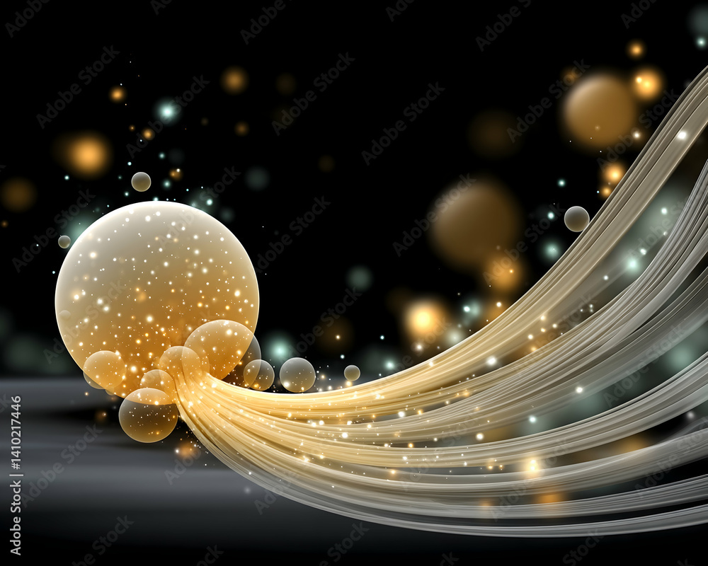 Poster golden sphere with glowing trails and bokeh on dark background