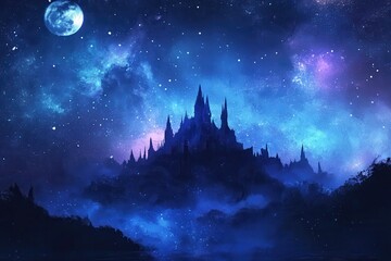 Dark castle silhouetted against a mystical night sky.  Vast,  towering structure nestled within a misty, moonlit landscape