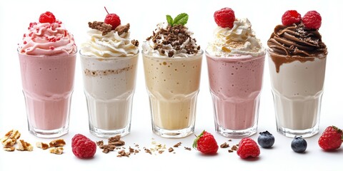 Delicious array of milkshakes displayed in tall glasses with fresh fruit and toppings