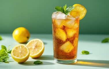 Refreshing Lemon Iced Tea with Fresh Mint and Ice Cubes Served in a Tall Glass Perfect for Summer Days and Outdoor Gatherings
