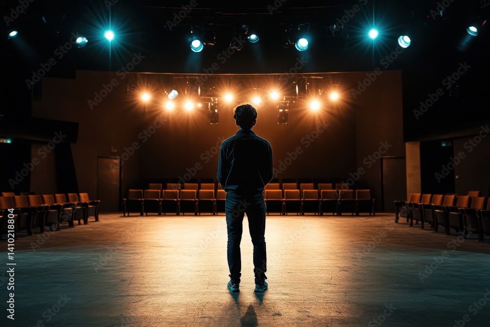 Poster performer stands alone on stage ready for a captivating performance in an empty theater