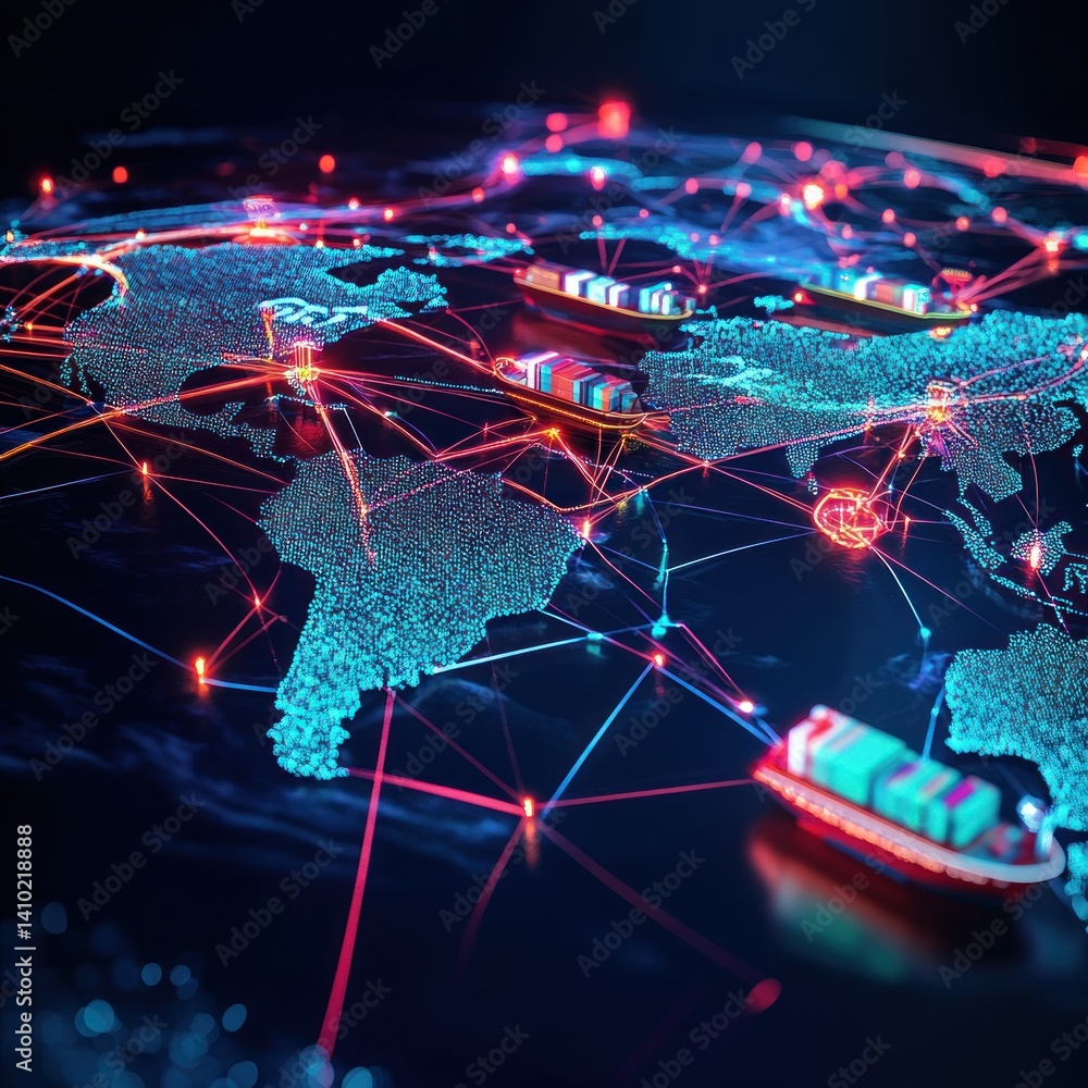 Poster a global network of interconnected shipping routes visualized with glowing connections.