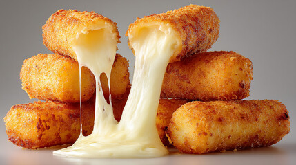 Mozzarella sticks pulled apart, cheese stretching mid