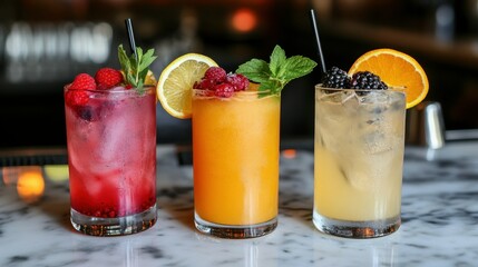 Refreshing trio of colorful summer drinks with citrus, berries, and fresh garnishes on marble surface.