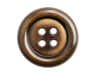 top view of vintage style four-hole brown plastic button with glossy ring texture on isolated background
