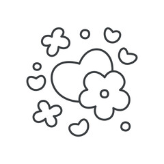 Cute floral illustration. Whimsical design of hearts and flowers. Hand drawn monochrome illustration isolated on a white background. Vector 10 EPS.