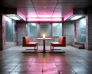 Fototapeta premium Pink-lit retro diner booth with table and chairs in a minimalist, urban setting