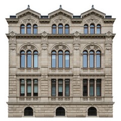 Obraz premium A detailed view of a classical building facade with arched windows and stone ornamentation details