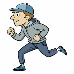 Cartoon Man Running With Cap And Hoodie In Dynamic Motion With Bold Outline Isolated