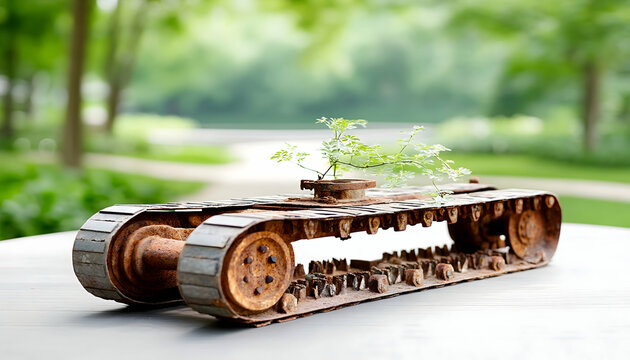 Rusty tank treads repurposed as unique planter holding small green plant in serene outdoor setting