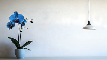 Light blue orchid and pendant lamp against a blank wall.