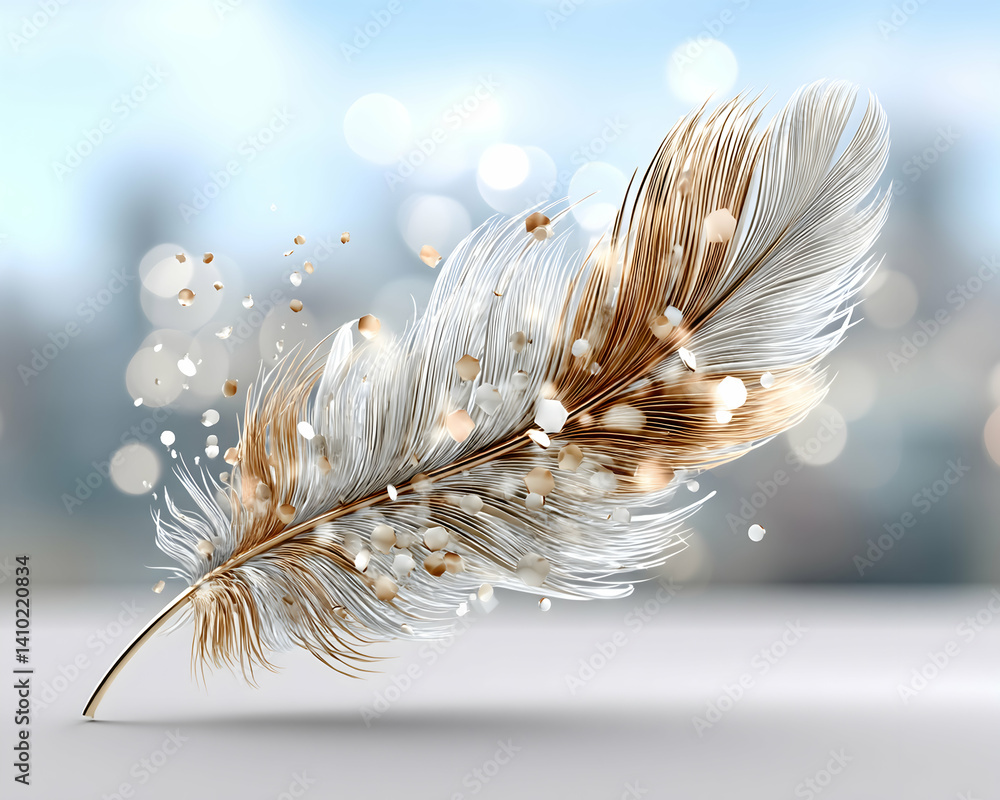 Poster sparkling gold and white feather with bokeh background