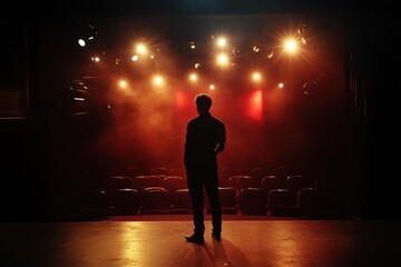 Spotlight on performer preparing for a show in an empty theater
