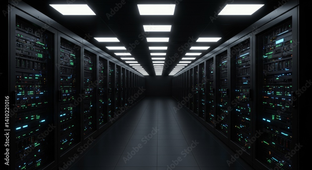 Aufkleber modern data center server room - rows of servers in a dark data center with bright lights, showcasin