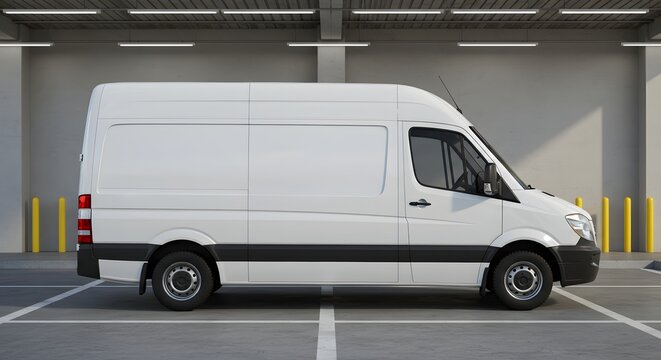 White Commercial Delivery Van Parked in Underground Garage