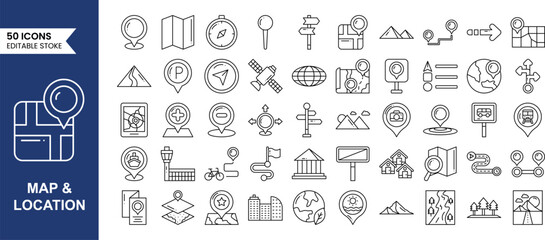 Map and Location icons set in line style. Containing location, GPS, navigation, route map, direction, pin and more. Vector illustration