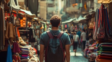 Fototapeta premium Man exploring a vibrant market with colorful stalls