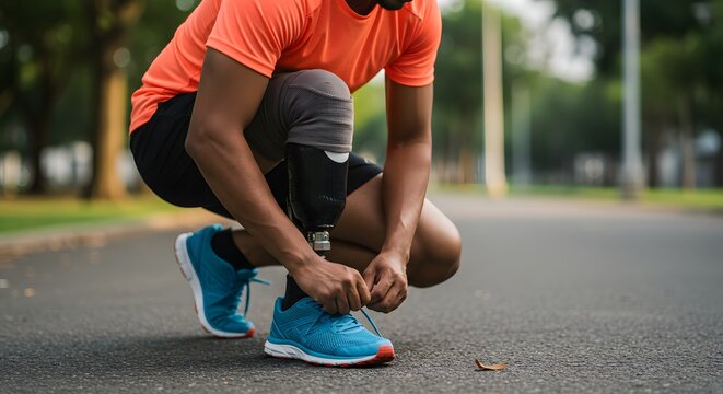 Runner with Prosthetic Leg Tying Shoes Before Exercise