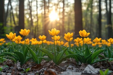 Obraz premium Yellow tulips bloom in a forest setting with sunlight filtering through trees.