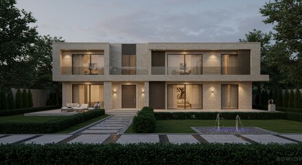 Modern Villa Design: Minimalist Facade and Landscaped Garden - Contemporary architecture, minimalist design, landscaped gardens, luxury home, outdoor living