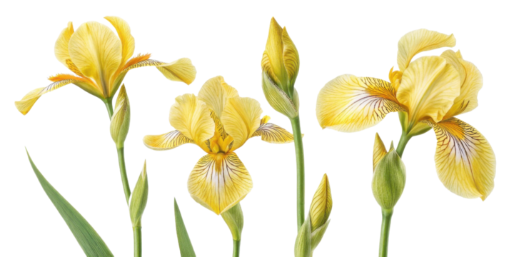 Bright yellow iris flowers bloom gracefully, showcasing their intricate patterns and vibrant colors, bringing joy to any garden or arrangement